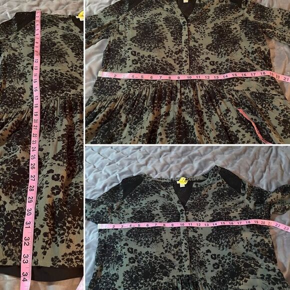 Hinge Long Sleeve Relaxed Floral Drop Waist Mesh Shoulder Dress Green Black S - Picture 10 of 10